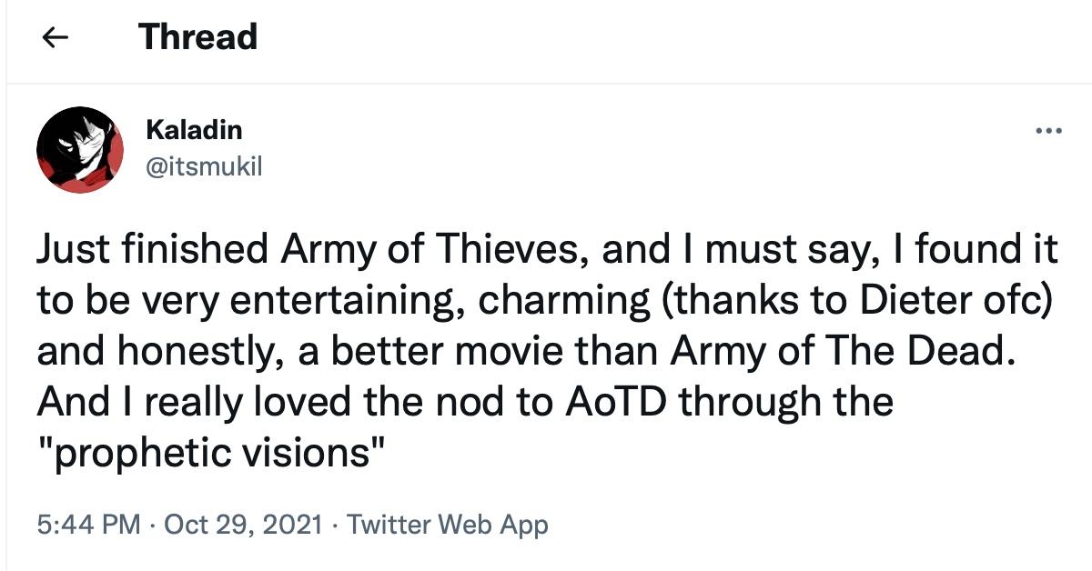 A tweet about Dieter's fate after 'Army of the Dead'