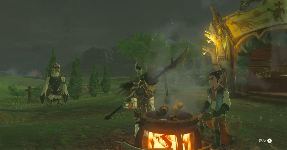 Link cooking a meal in Tears of the Kingdom.