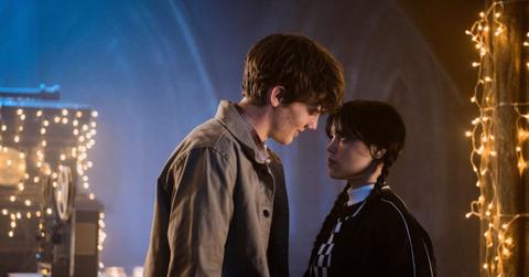 (l-r): Hunter Doohan as Tyler and Jenna Ortega as Wednesday