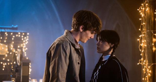 (l-r): Hunter Doohan as Tyler and Jenna Ortega as Wednesday