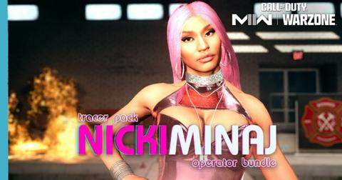 The Nicki Minaj Operator from COD standing in front of a fire.