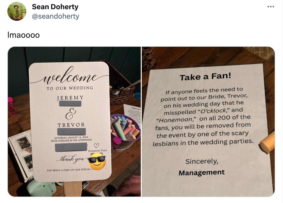 Sean Doherty's tweet of the misspelled wedding fan