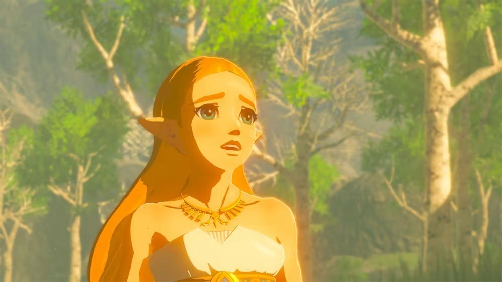 Zelda looking worried in Breath of the Wild with a forest in the background.
