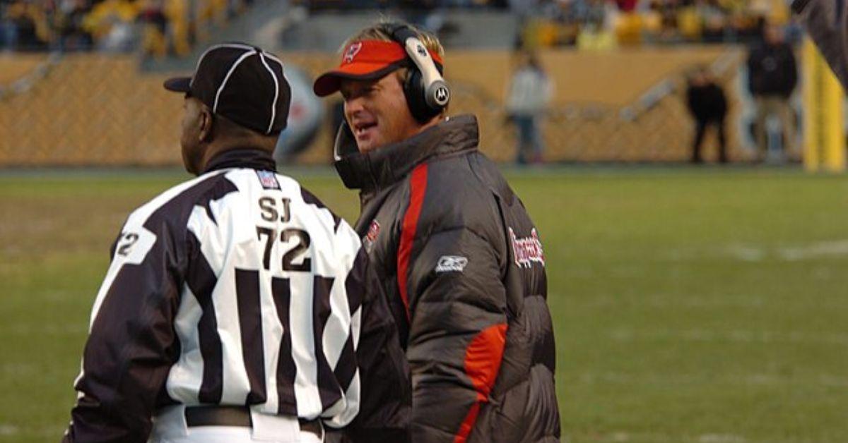 Jon Gruden talking to a ref in Pittsburgh. 