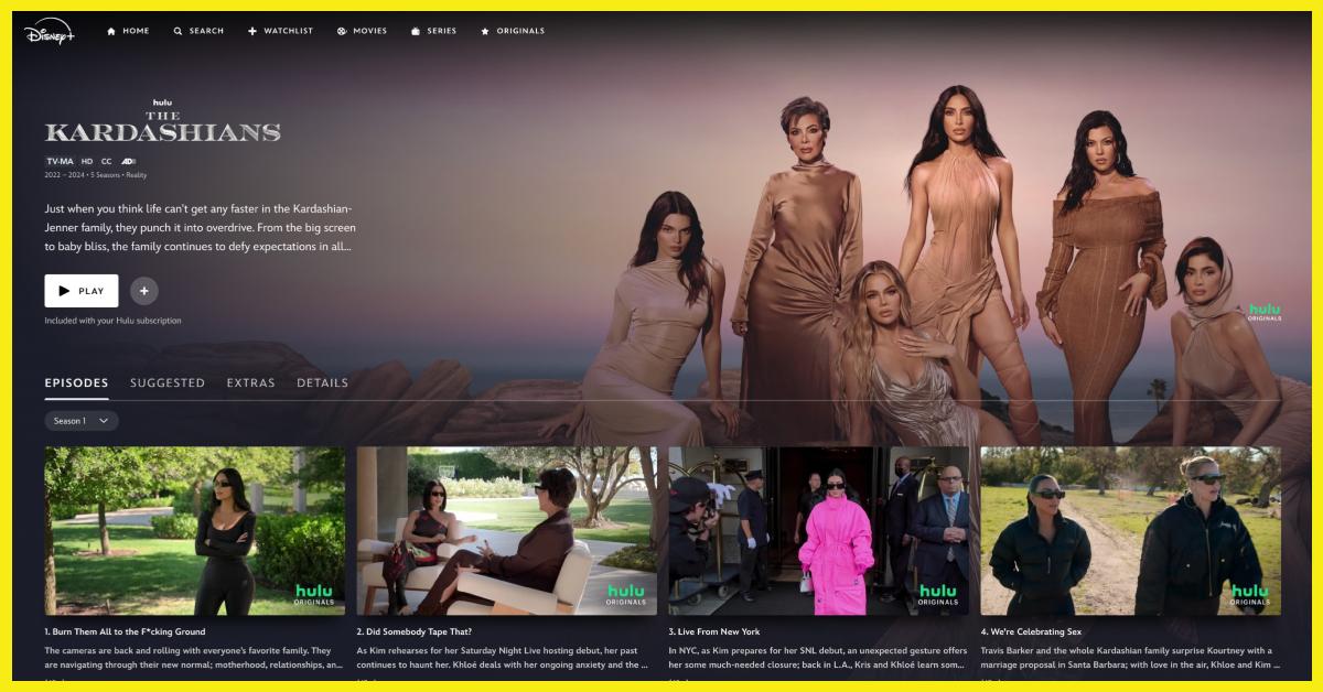 'The Kardashians' homepage on Hulu on Disney Plus.