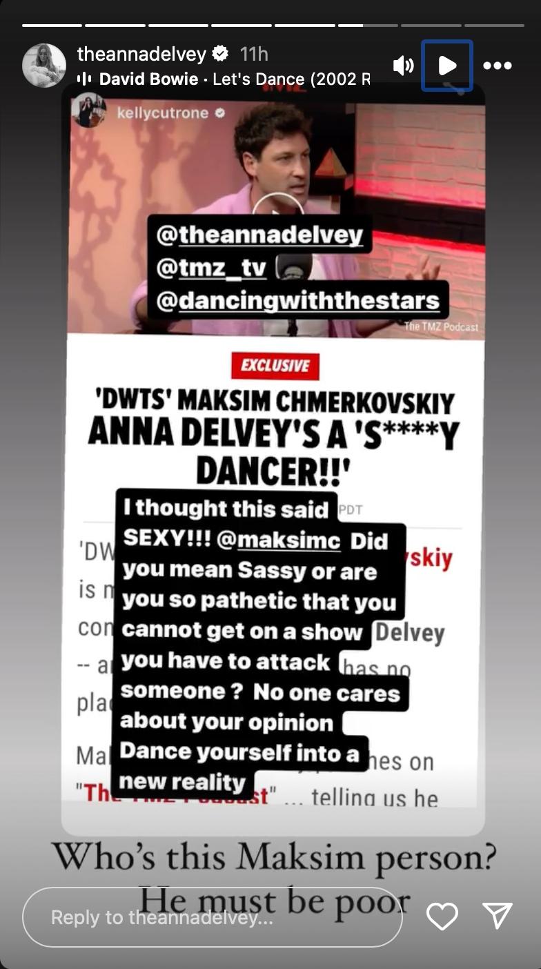 Anna Delvey responds to Mak's criticism of her time on 'DWTS' on Instagram Stories.