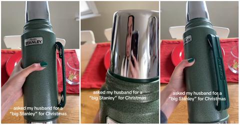 (l-r): A woman holding a Stanley and crying