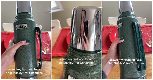 (l-r): A woman holding a Stanley and crying