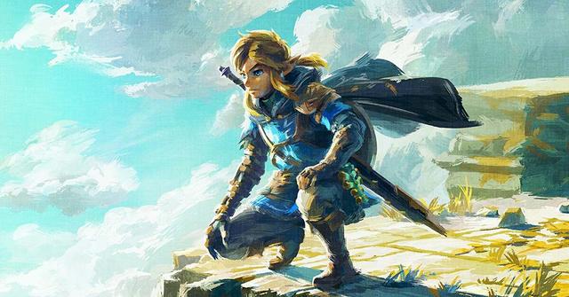 'Tears of the Kingdom' Link crouching nearby a ledge on a sky island.