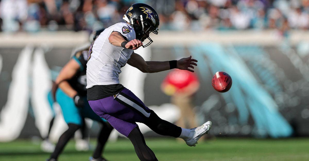 Justin Tucker kicking during a 2022 Ravens game. 