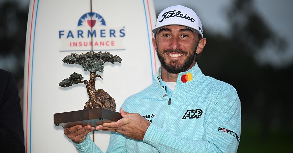 Max Homa holding a trophy at the Farmers Insurance Open 