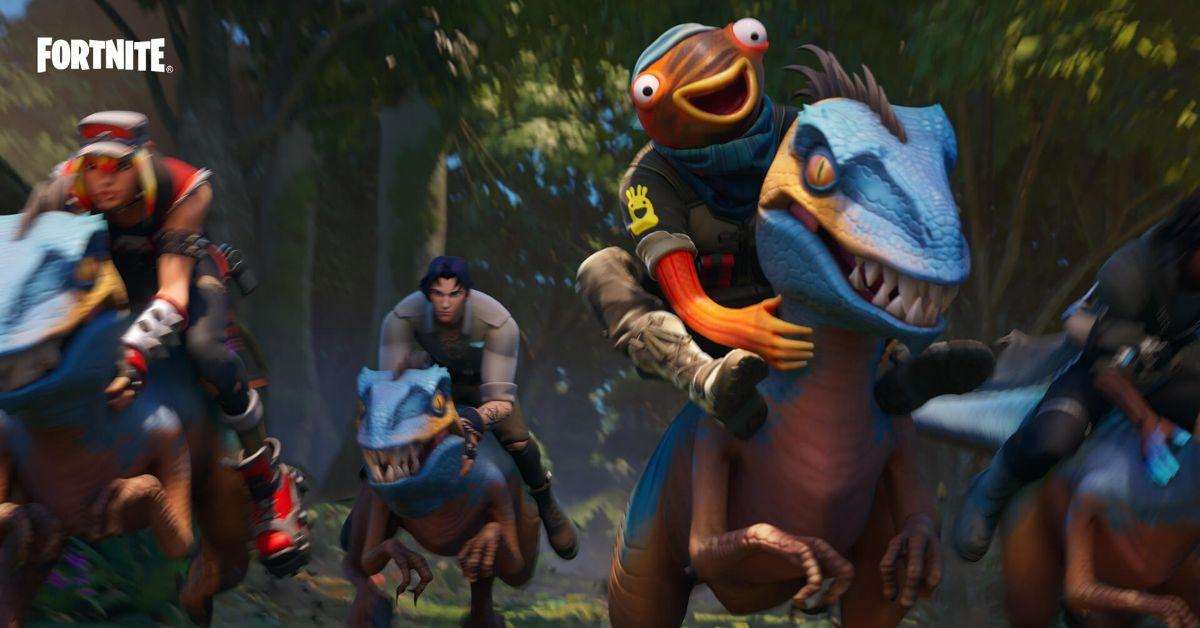 Fortnite characters riding Raptors.