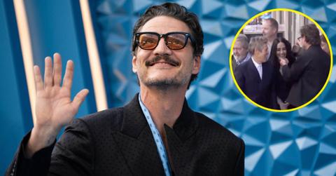 (l-r): Pedro Pascal on the red carpet; Pedro, Willem Dafoe, and his wife