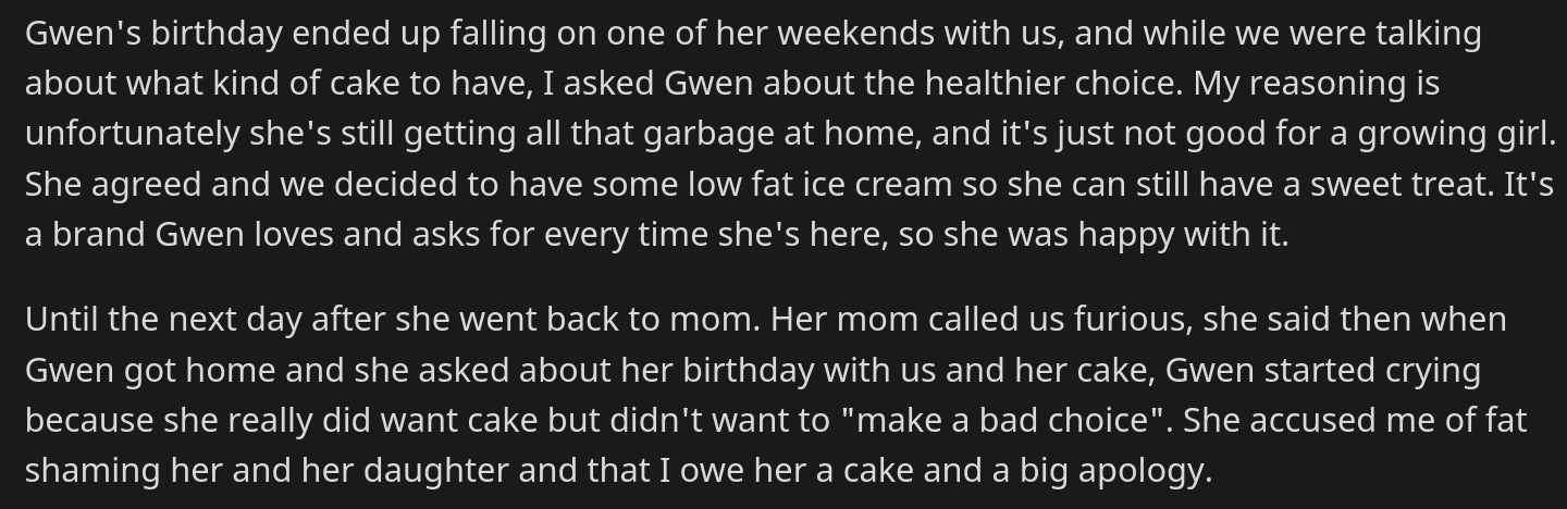 woman tells  year old no cake for birthday