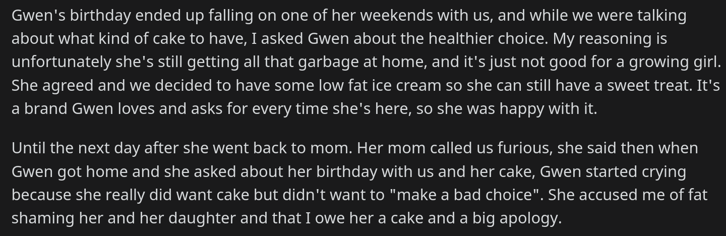 woman tells year old no cake for birthday