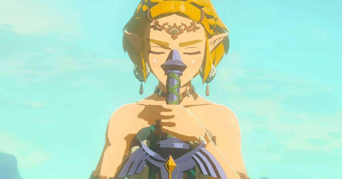 Zelda holding the Master Sword in Tears of the Kingdom.