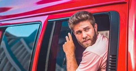 Taylor in a van on the private island palm island.