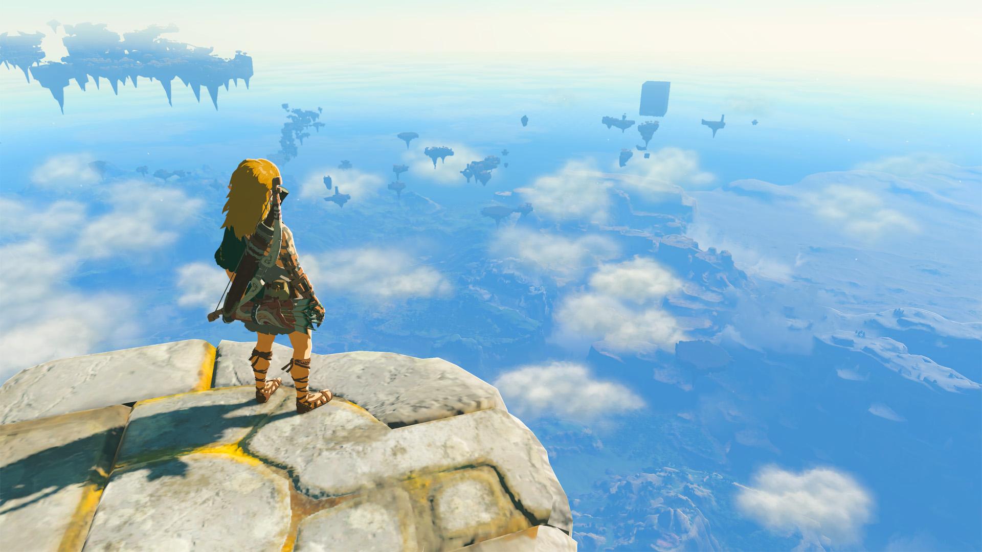'Tears of the Kingdom' Link looking down at Hyrule atop a sky island.