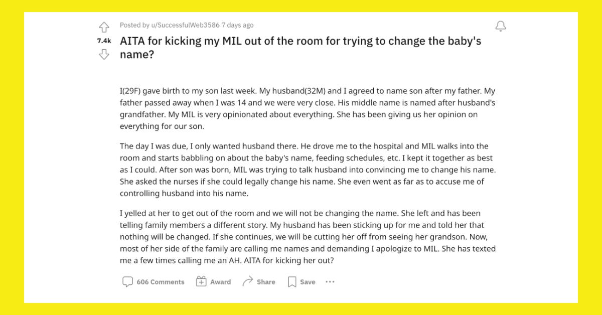 MIL Tries to Change Baby's Name, Gets Kicked out of Room