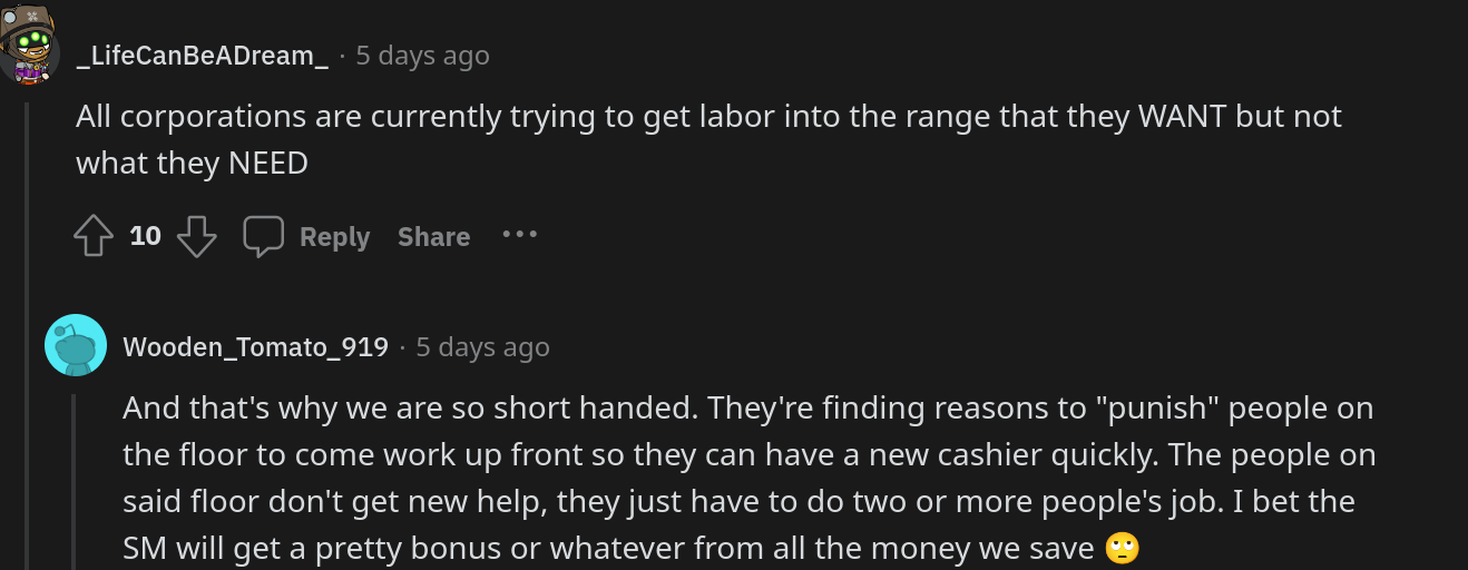 Comments on viral post about Walmart manager blasting employees for working longer than their scheduled shift.