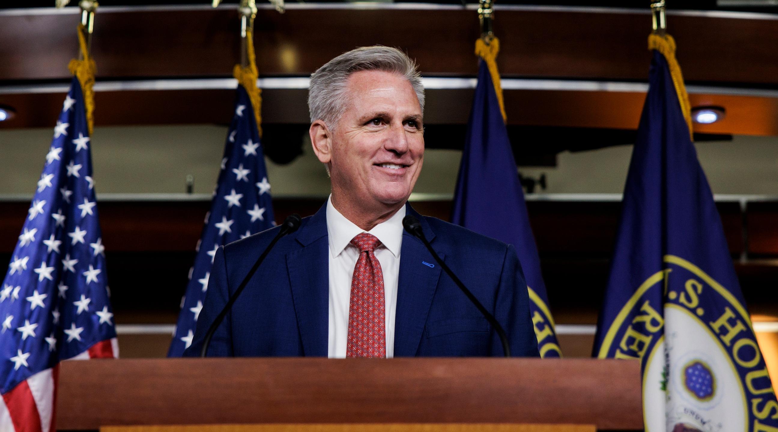  House Minority Leader Kevin McCarthy (R-CA) holds his weekly news conference in the Capitol Visitors Center at the U.S. Capitol building on October 28, 2021