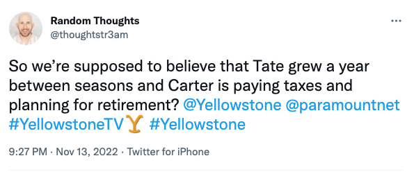 A tweet about Carter on 'Yellowstone'