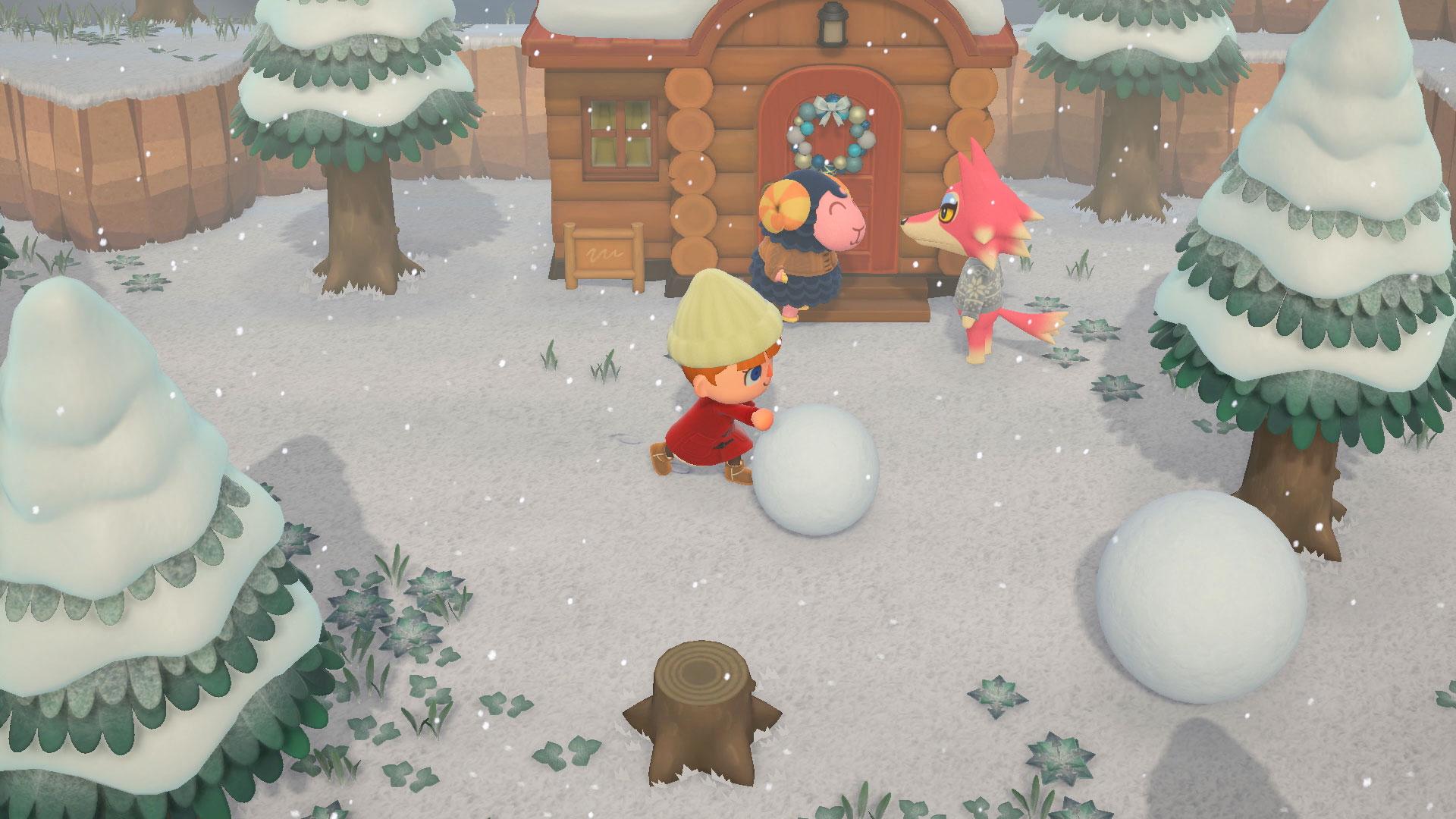 'Animal Crossing: New Horizons' Character pushing a snowball during winter season.