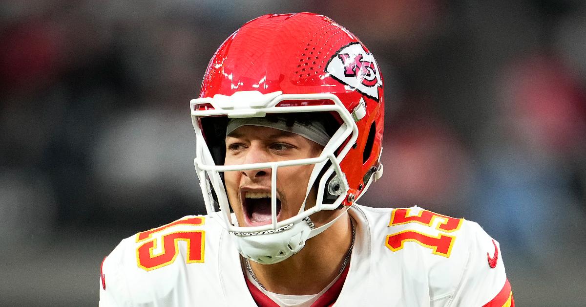 Patrick Mahomes getting amped up in a game against the Las Vegas Raiders.