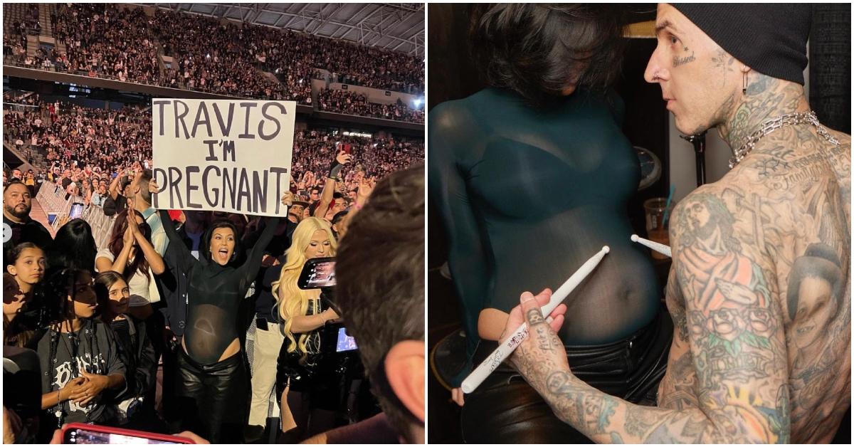 Kourtney Kardashian reveals baby bump to Travis Barker at Blink-182 concert.