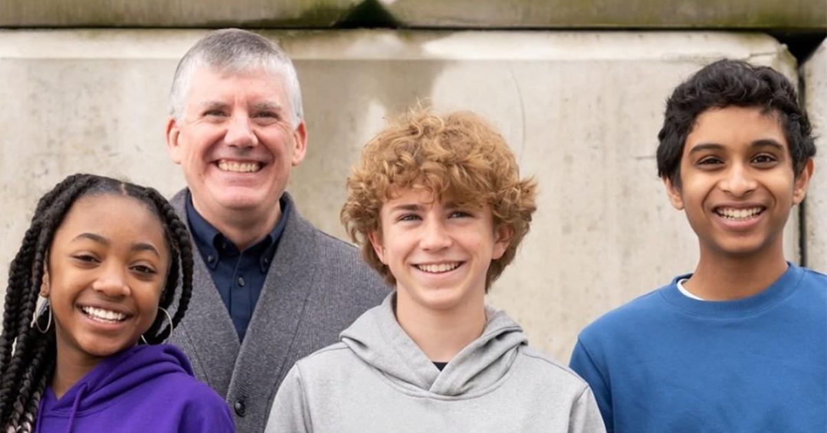 Author Rick Riordan with the cast of 'Percy Jackson and the Olympians' on Disney Plus.