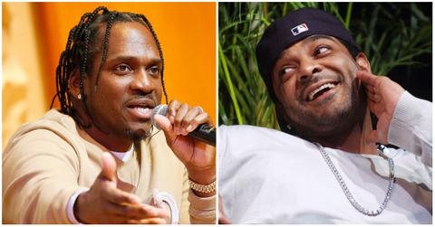 Pusha T speaks into a microphone and looks angry, Jim Jones smiles and looks unbothered.