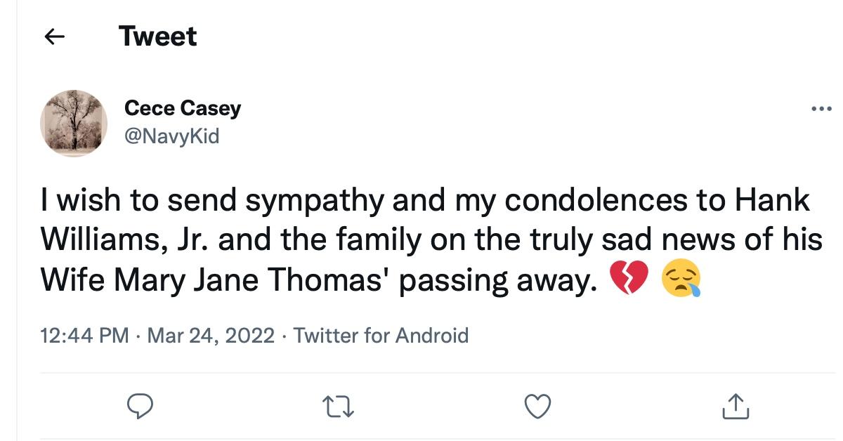  A tweet about Mary Jane Thomas's passing