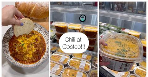 A woman showing that Costco's chili is back