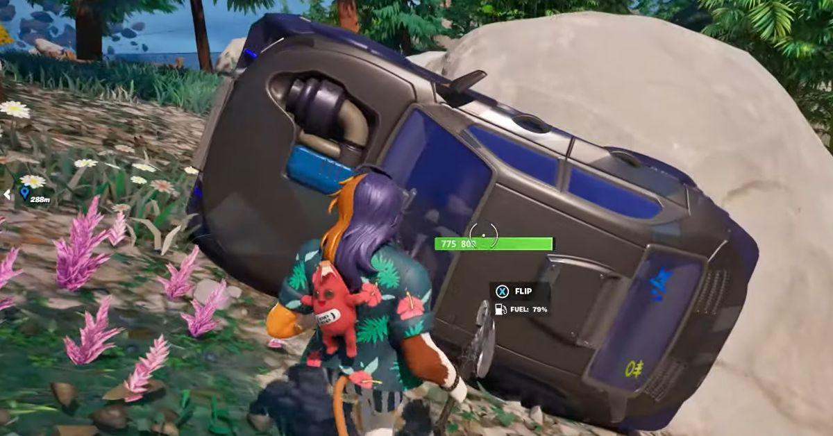 A player trying to flip a vehicle in Fortnite.