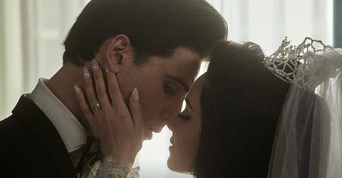 Elvis and Priscilla Presley kissing at their wedding in Sofia Coppola's 'Priscilla'