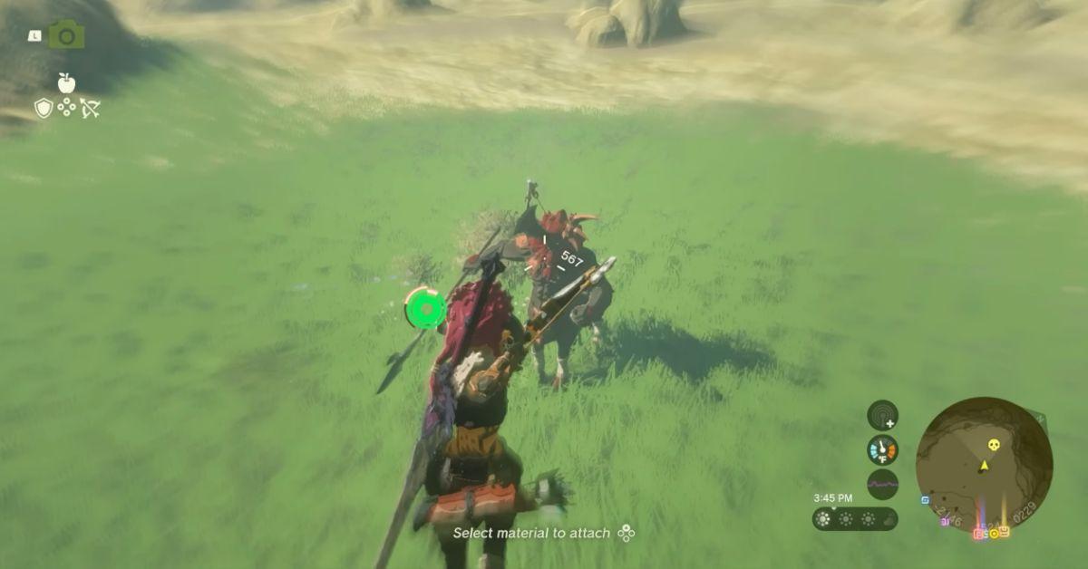 Link aiming his bow at a Lynel in Tears of the Kingdom.