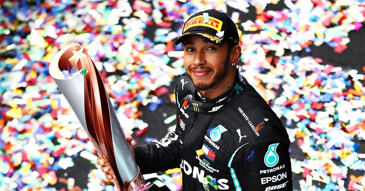 Lewis Hamilton holding a trophy at the Grand Prix of Turkey on Nov. 15, 2020. 