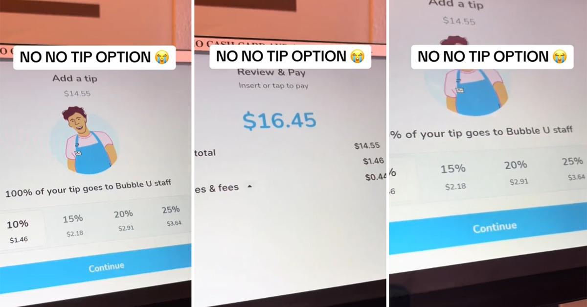 Viral video calling out Bubble U for "no tip" option at kiosk.