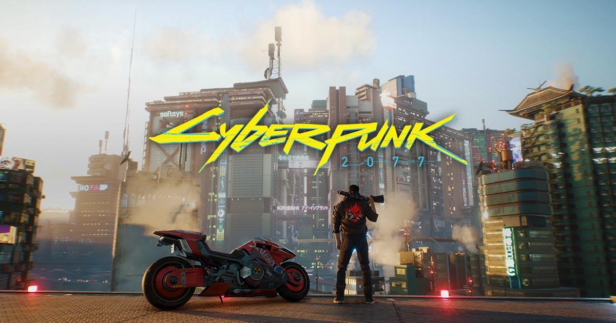 'Cyberpunk 2077' V standing near a motorcycle overlooking a futuristic city.