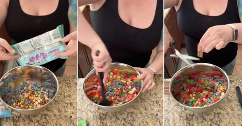 A woman empties different candies into mixing bowl for candy salad