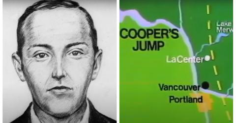 (L-R): Drawing of DB Cooper; Map of where he jumped out of the plane