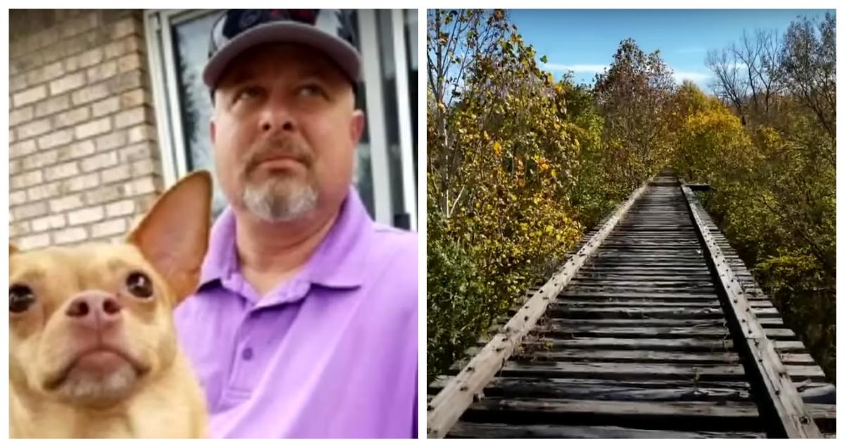 (L-R): Richard Allen with his dog; the bridge where the Delphi Murders took place