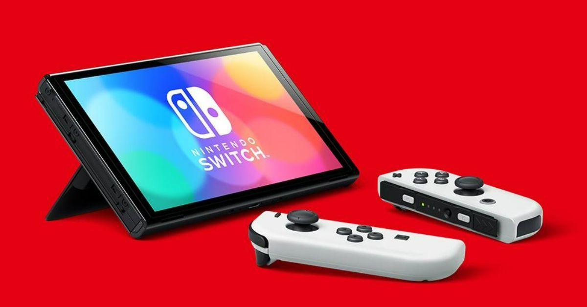 A Nintendo Switch on a red background.