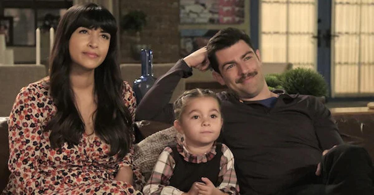 Max Greenfield as Schmidt and Hannah Simone as Cece with daughter Ruth in 'New Girl'