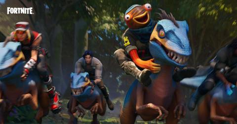 A Fortnite character riding a raptor in Season 3.