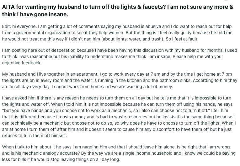 AITA subreddit thread husband wont turn off lights and faucet