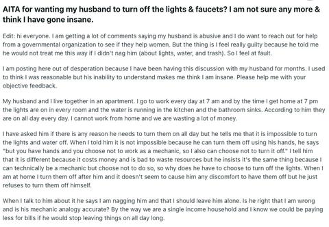 AITA: User Said Husband Won't Turn off Lights or Faucets