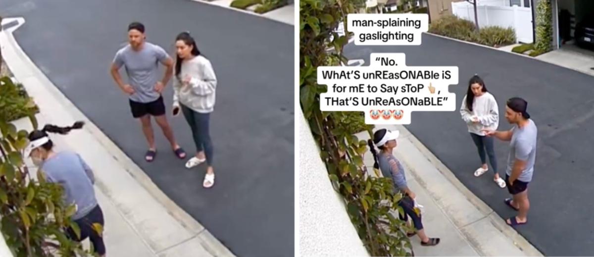 A couple rudely confronting their neighbor about her DIY projects