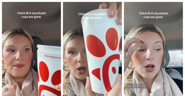 A woman discovers Chick-fil-A's paper cups.