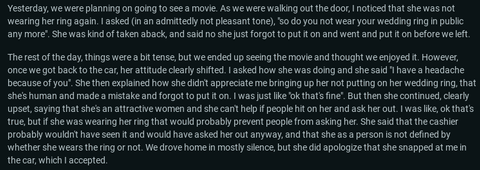 Wife Doesn't Wear Wedding Ring, Husband Calls Her Out - Reddit